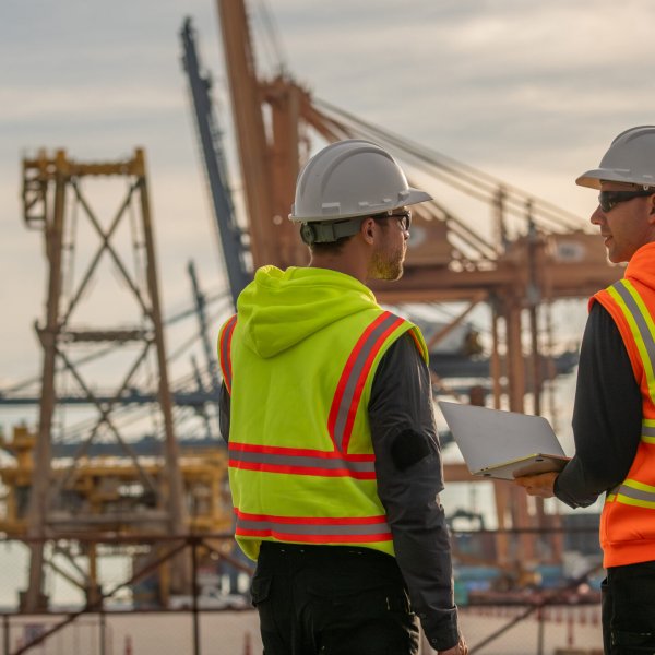Industrial engineer workers operations marine port cranes loading and unloading of cargo ships global trade and supply chain import export environment monitoring responsible global economy.