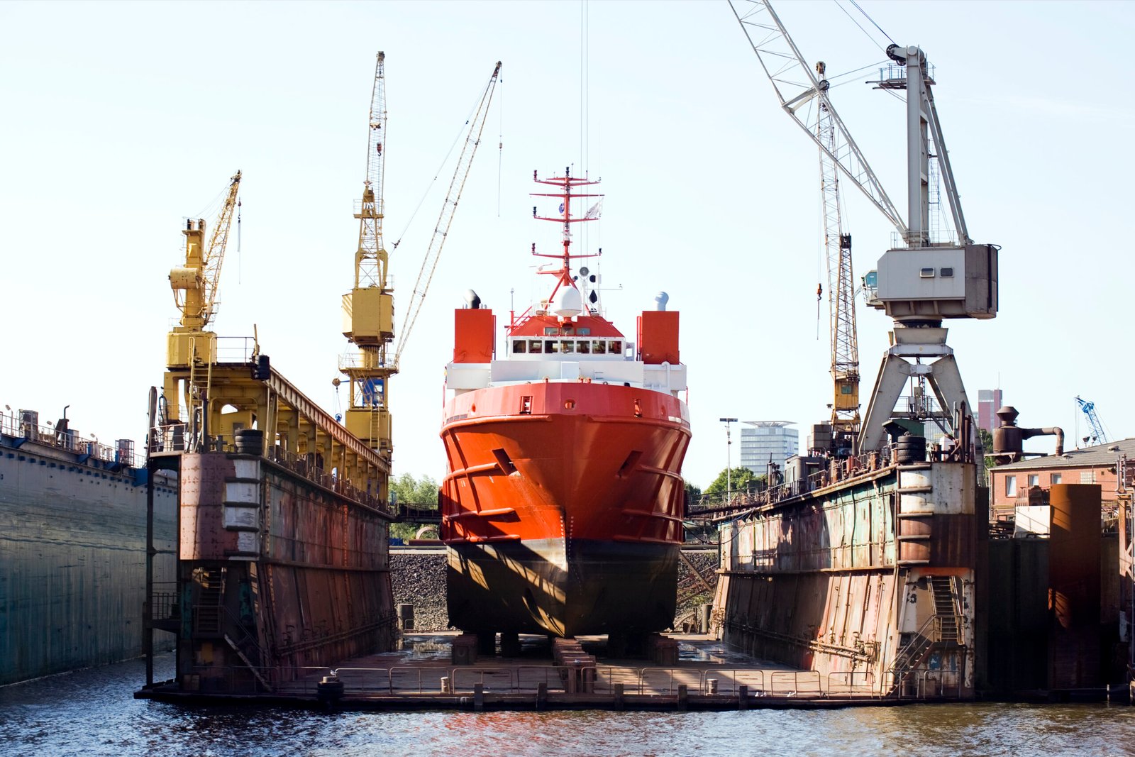 ship for repairs in large floating dry dock