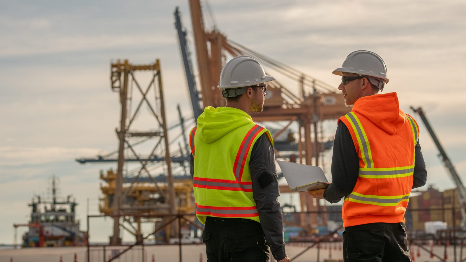 Industrial engineer workers operations marine port cranes loading and unloading of cargo ships global trade and supply chain import export environment monitoring responsible global economy.